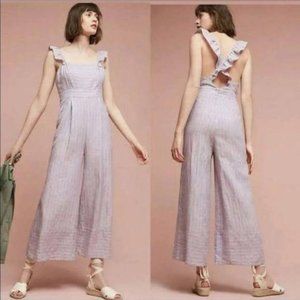 Anthro Elevenses Nantucket Striped Linen Jumpsuit Cropped Wide Leg Boho Hippie 4